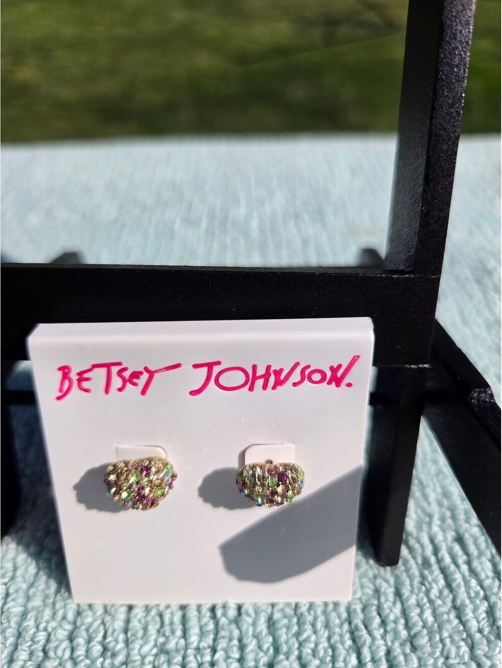 NWT Betsey Johnson Pave Multicolor Crystal Heart Stud Earrings Gold Tone